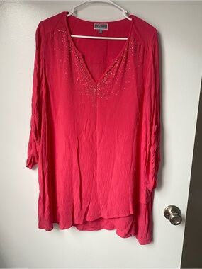 JM Collection Hot Pink V-Neck Tunic Top with Rhinestone Accent